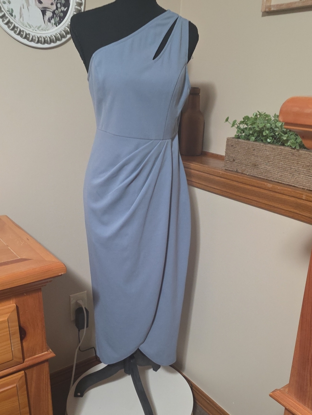 One-Shoulder Dusty Blue Draped Midi Dress